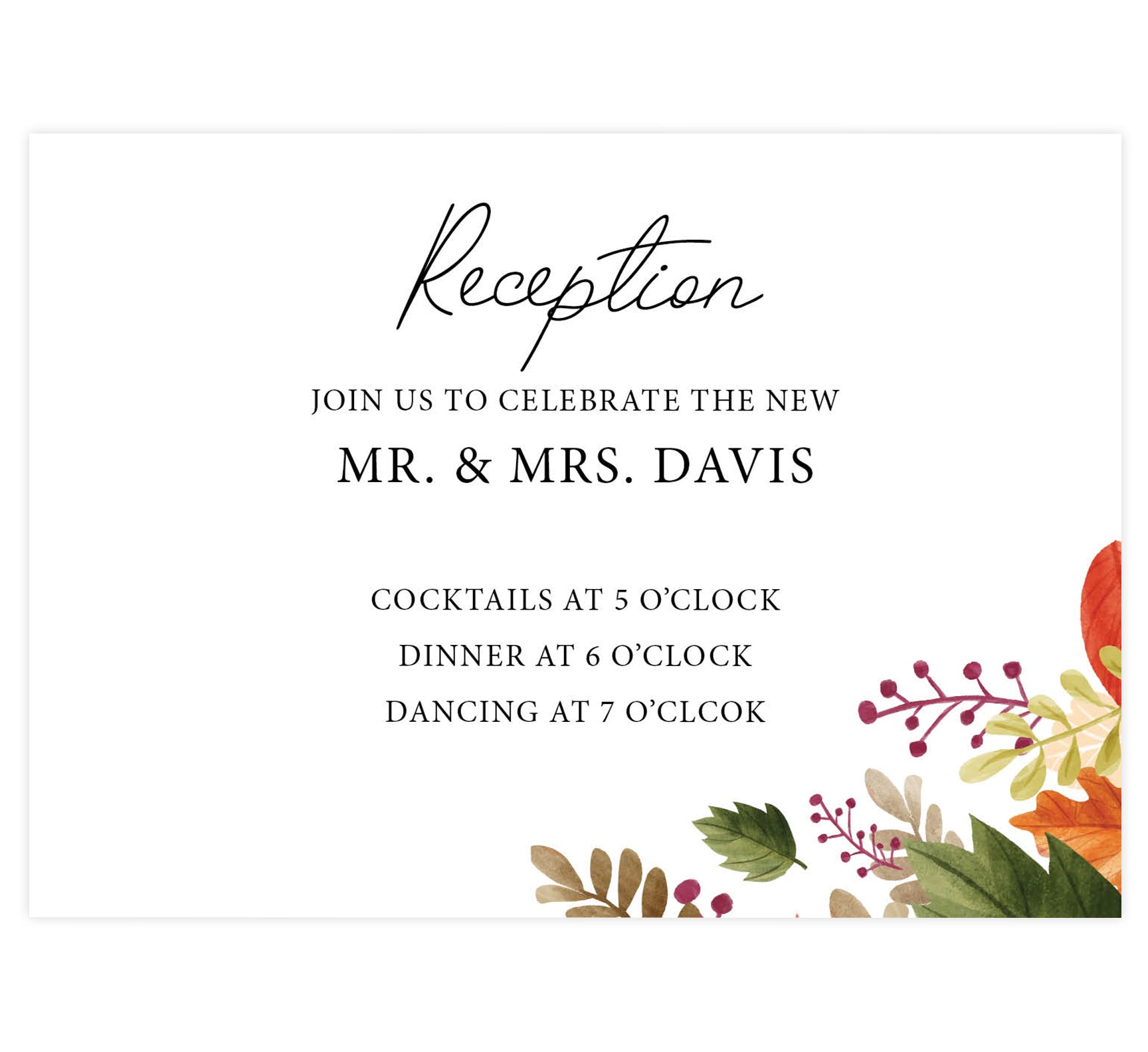 Rustic Fall wedding reception card; white background with black text and leaves in bottom right hand corner