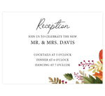 Load image into Gallery viewer, Rustic Fall wedding reception card; white background with black text and leaves in bottom right hand corner
