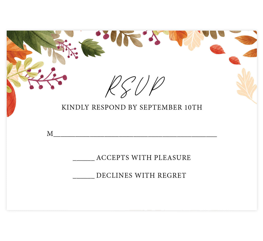 Rustic Fall wedding response card; white background with black text and leaves on the top edge