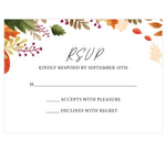 Load image into Gallery viewer, Rustic Fall wedding response card; white background with black text and leaves on the top edge
