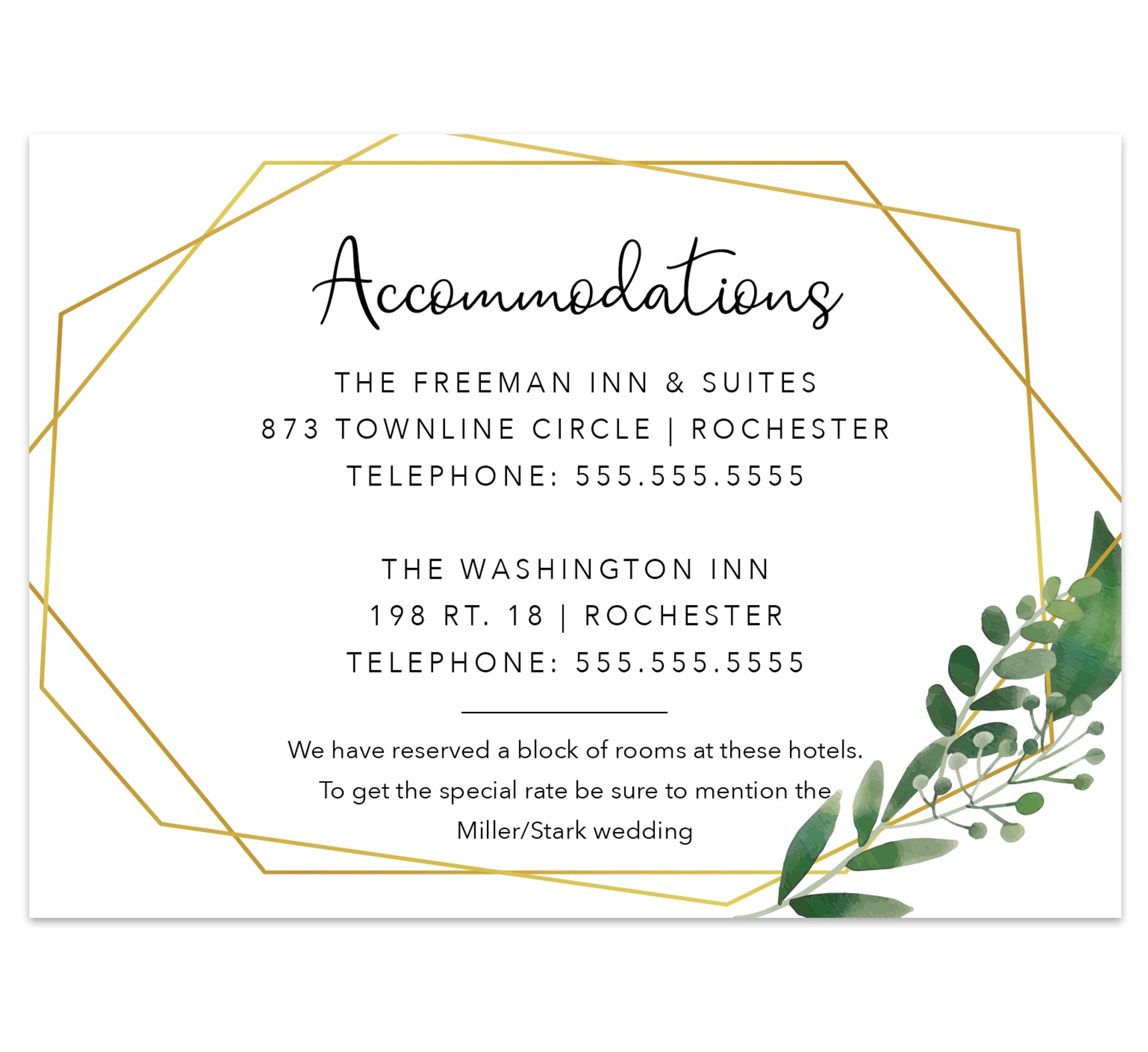Watercolor Greenery wedding accommodations/details card; white background with gold frame and watercolor greenery