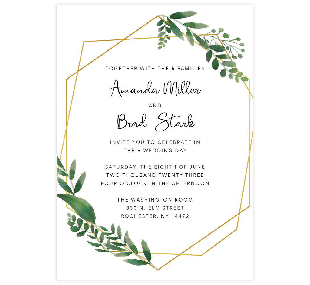 Watercolor Greenery Wedding Invitation; white background with gold frame and watercolor leaves