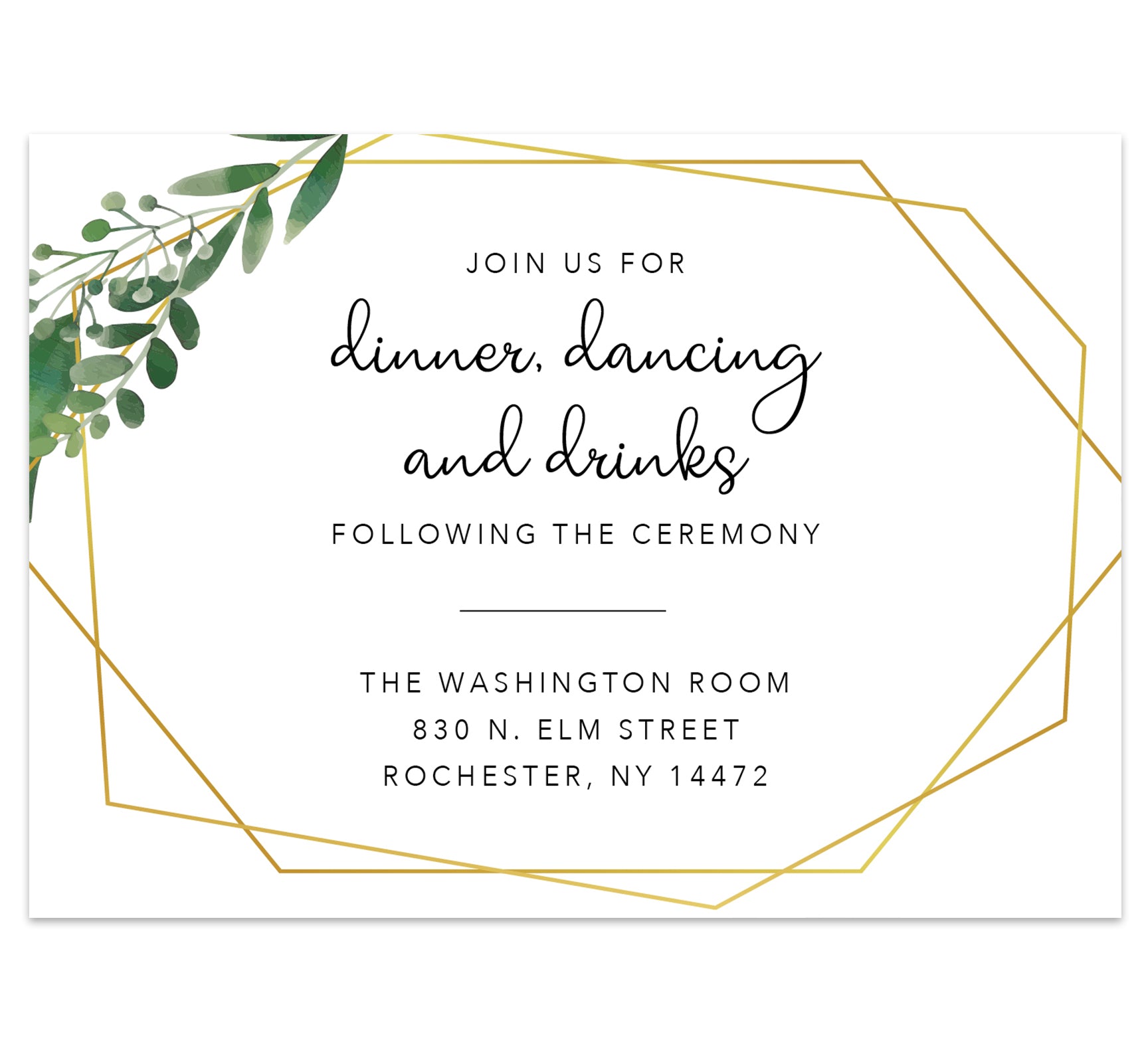 Watercolor greenery wedding reception card; white background with gold frame and watercolor leaves 