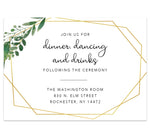 Load image into Gallery viewer, Watercolor greenery wedding reception card; white background with gold frame and watercolor leaves 
