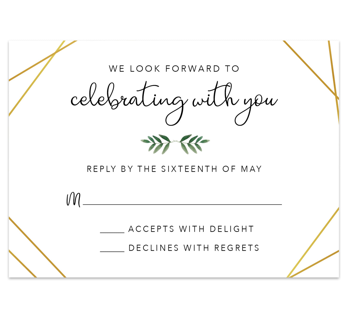 Watercolor Greenery wedding response card; white background with gold frame and greenery divider