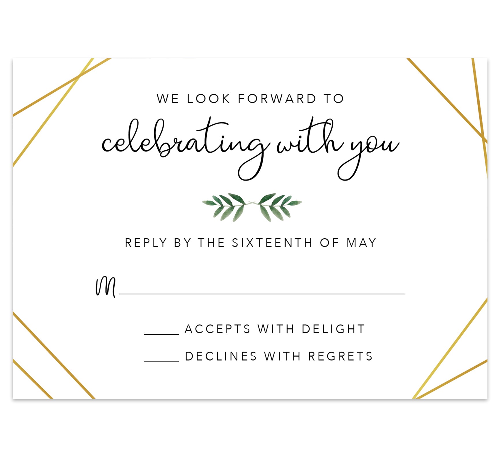 Watercolor Greenery wedding response card; white background with gold frame and greenery divider