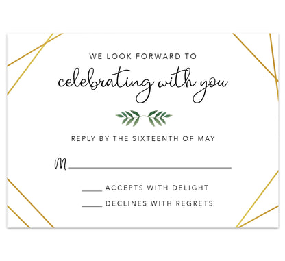 Watercolor Greenery wedding response card; white background with gold frame and greenery divider