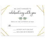 Load image into Gallery viewer, Watercolor Greenery wedding response card; white background with gold frame and greenery divider
