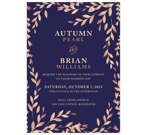 Rose Gold Leaves wedding invitation; purple background with rose gold leaves around the invitation and rose gold text