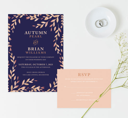 Rose Gold Leaves wedding invitation and set