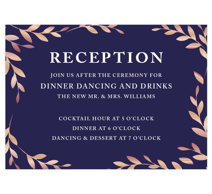 Rose Gold Leaves wedding reception card; purple background with rose gold leaves and white text