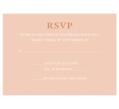 Rose Gold wedding response card; pink background with rose gold and white text