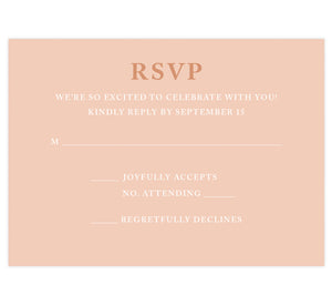 Rose Gold wedding response card; pink background with rose gold and white text
