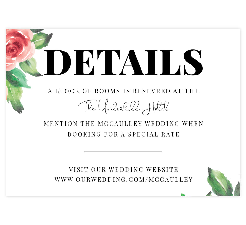 Watercolor Roses wedding accommodations/details card; white background with big roses and black text