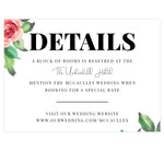 Load image into Gallery viewer, Watercolor Roses wedding accommodations/details card; white background with big roses and black text

