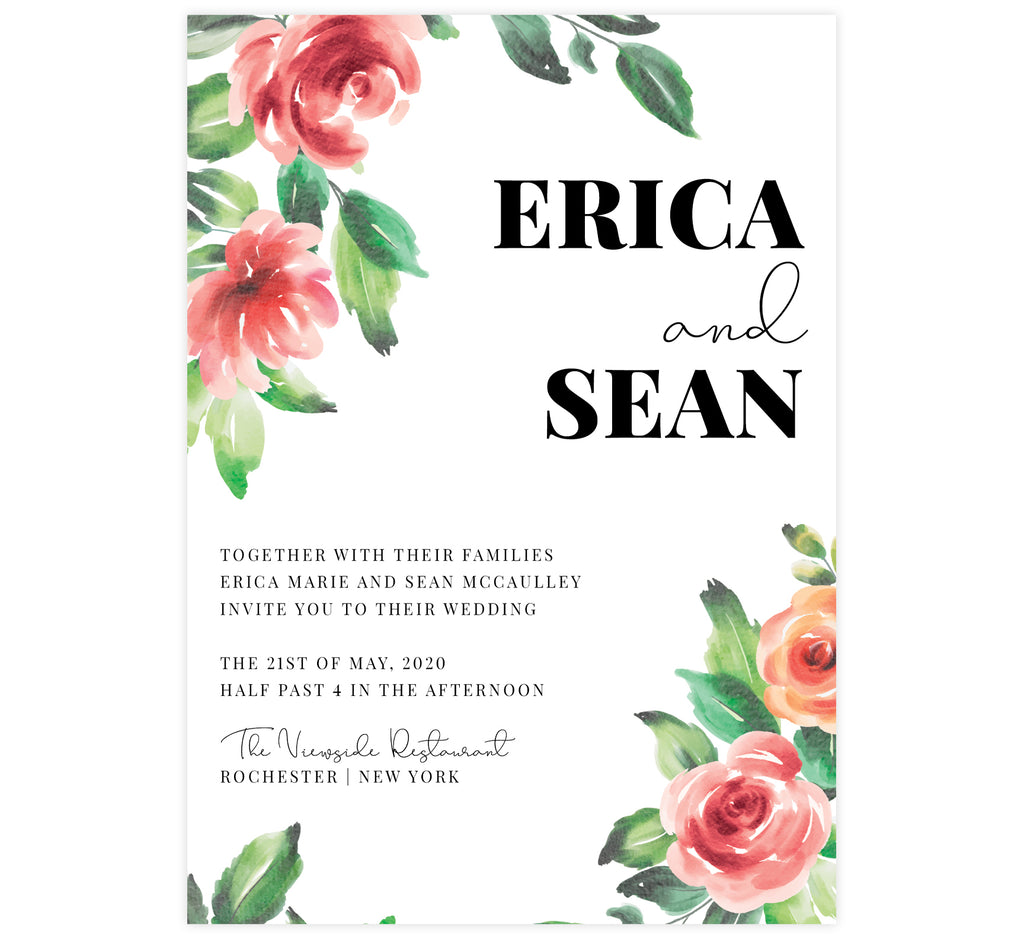 Watercolor roses wedding invitation; white background with big bold pink roses, green leaves and black text