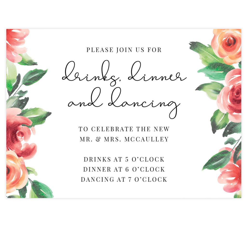 Watercolor roses wedding reception card; white background with roses on the sides and black text