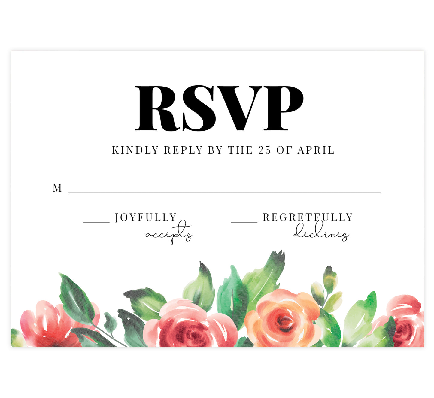 Watercolor roses wedding response card; white background with black text and watercolor roses on the bottom edge