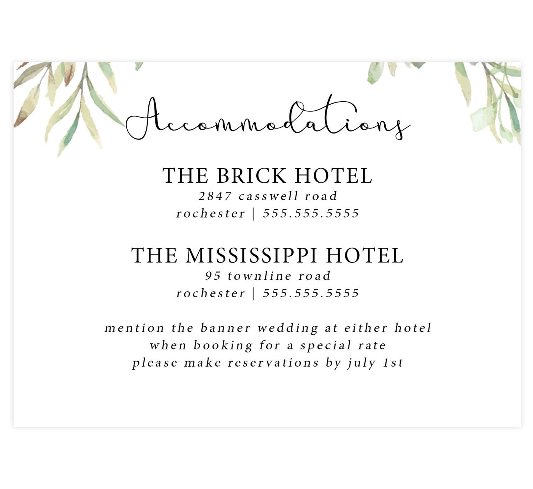 Frame of Leaves wedding detail/accommodation card; white background with black text and leaves on the top edge