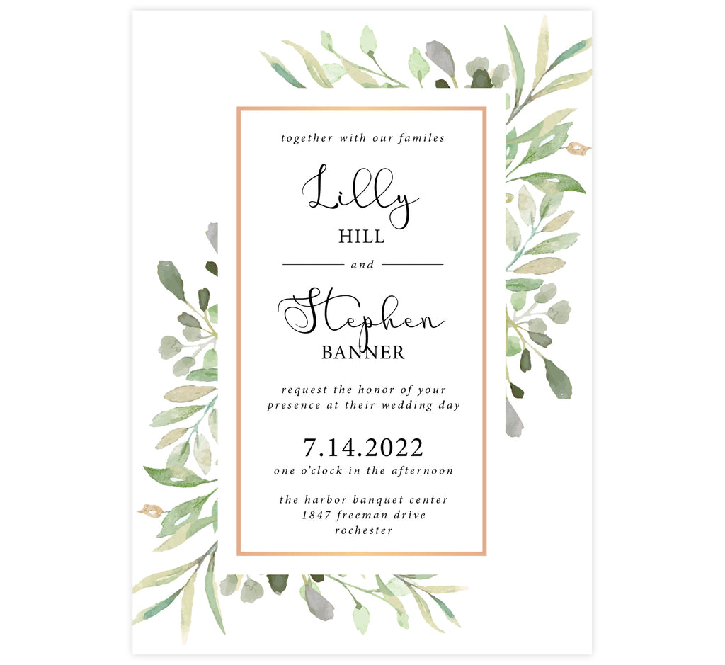 Frame of Leaves Wedding Invitation; white background with watercolor leaves, gold frame and black text