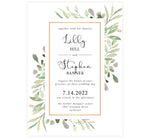 Load image into Gallery viewer, Frame of Leaves Wedding Invitation; white background with watercolor leaves, gold frame and black text
