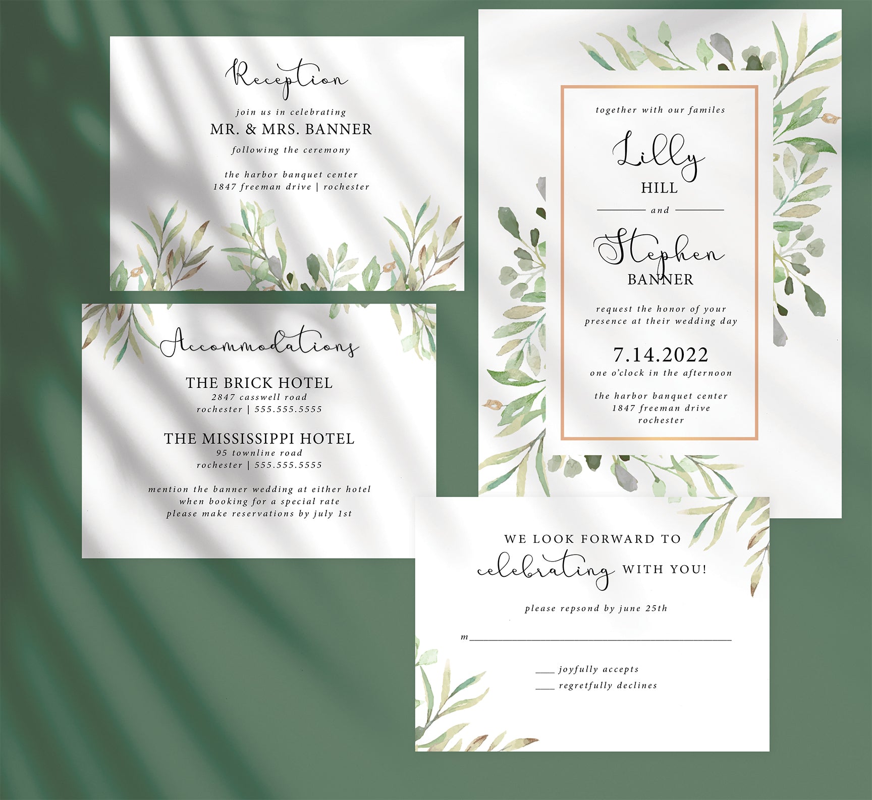 Frame of Leaves Wedding Invitation and Set Mockup