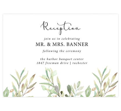 Frame of Leaves wedding reception card; white background with greenery on the bottom edge and black text