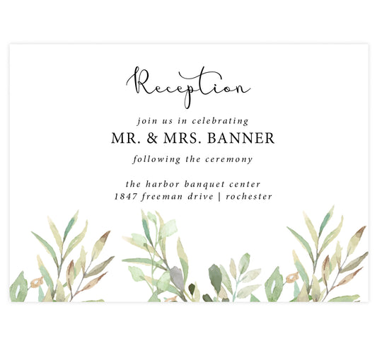 Frame of Leaves wedding reception card; white background with greenery on the bottom edge and black text
