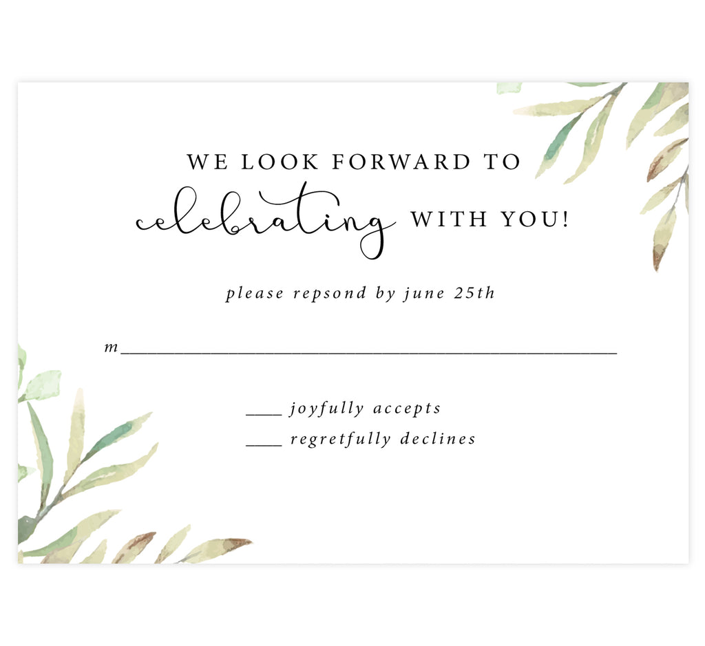 Frame of Leaves wedding response card; white background with black text and greenery in the top right and bottom left corners.