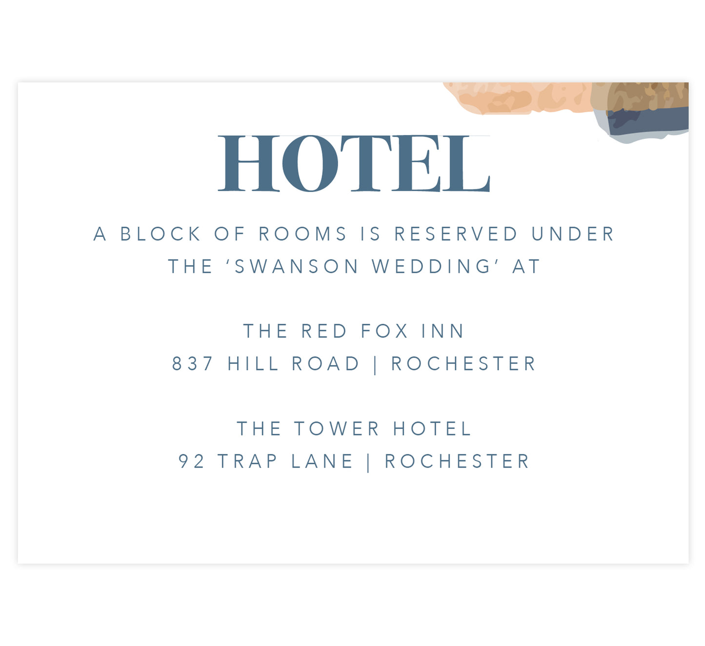 Blue and Gold Watercolor wedding accommodations/detail card; white background with blue and gold watercolor streak in the top right corner and blue text