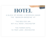 Load image into Gallery viewer, Blue and Gold Watercolor wedding accommodations/detail card; white background with blue and gold watercolor streak in the top right corner and blue text
