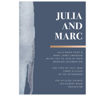 Blue and Gold Watercolor Wedding Invitation; dark blue background with blue watercolor on left edge, white text and gold gold watercolor bar separating names and information