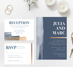 Load image into Gallery viewer, Blue and Gold Watercolor wedding invitation and set mockup
