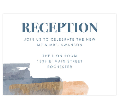 Blue and Gold Watercolor wedding reception card; white background with blue and gold watercolor streaks on the bottom left corner and blue text