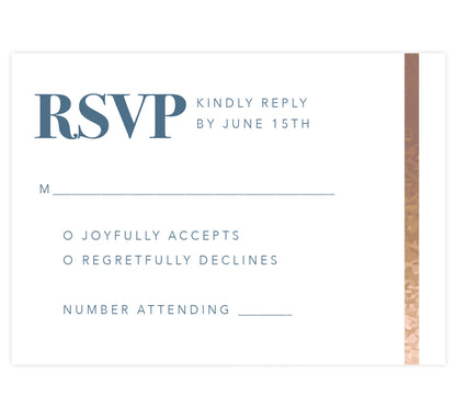 Blue and Gold Watercolor wedding response card; white background with gold bar down the right edge and blue text
