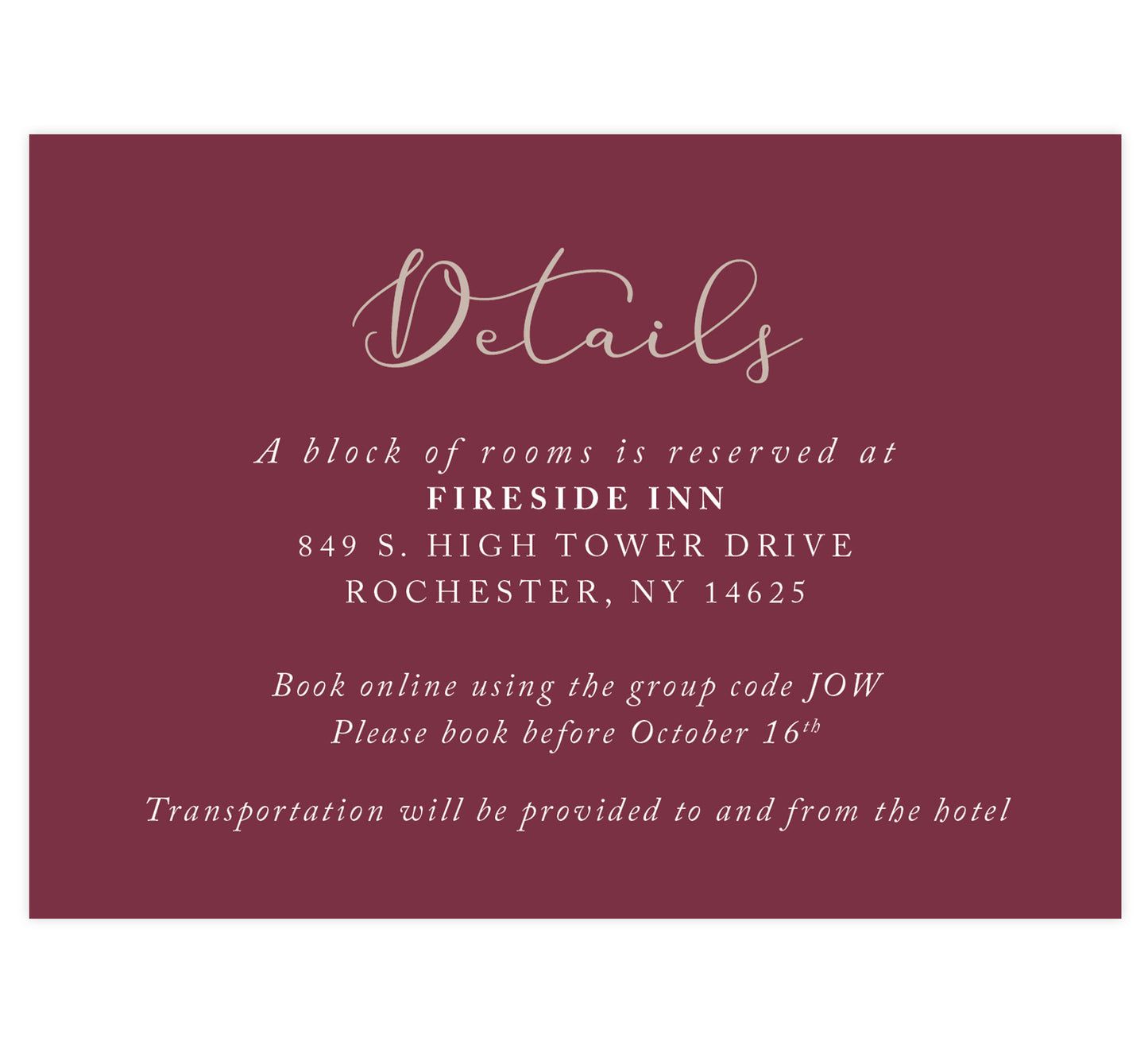 Floral Love Wedding Accommodations/Detail Card, maroon background with gold and white text