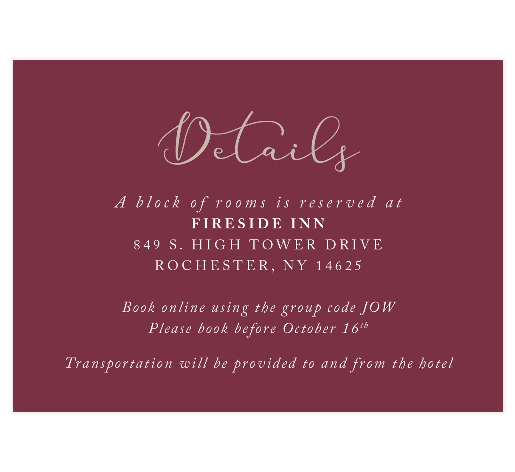 Floral Love Wedding Accommodations/Detail Card, maroon background with gold and white text