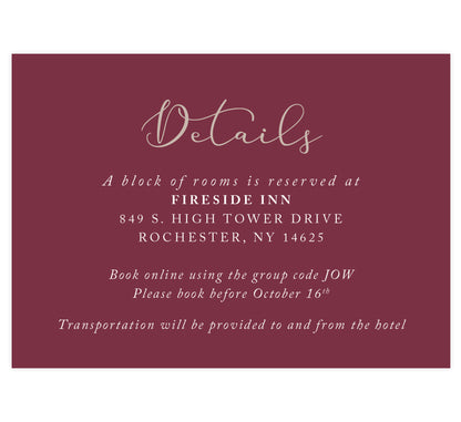 Floral Love Wedding Accommodations/Detail Card, maroon background with gold and white text