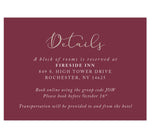 Load image into Gallery viewer, Floral Love Wedding Accommodations/Detail Card, maroon background with gold and white text
