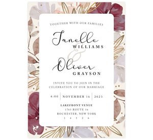 Floral Love Wedding Invitation, maroon gold and tan frame with large names