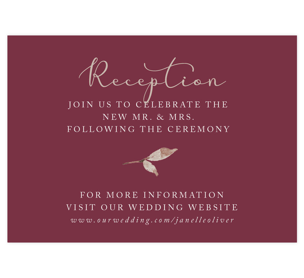 Floral Love Wedding Reception Card, maroon background with gold and white text
