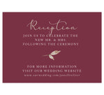 Load image into Gallery viewer, Floral Love Wedding Reception Card, maroon background with gold and white text
