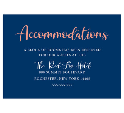 Blushing Rose Wedding Invitation, navy background with pink and white text