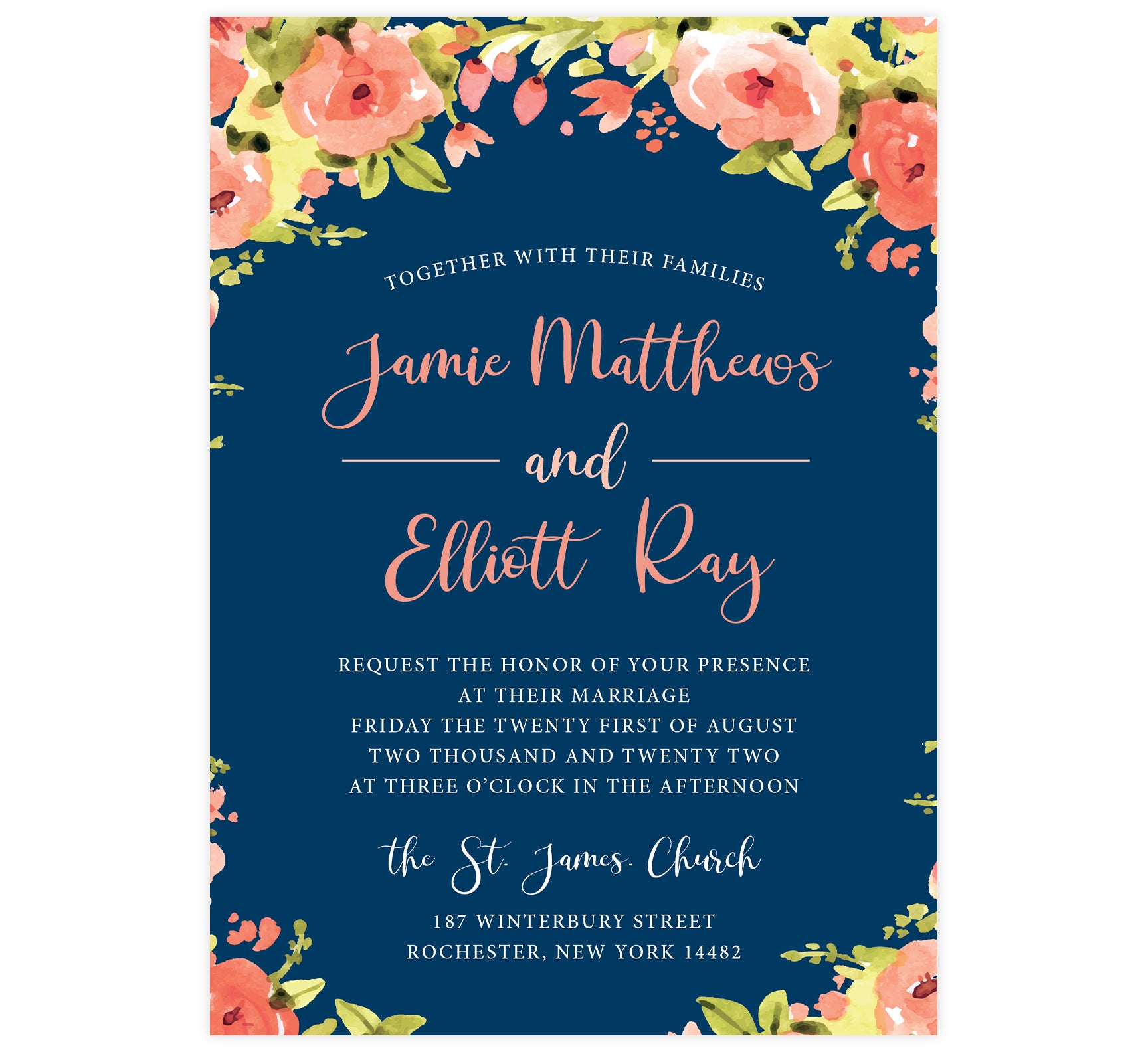 Blushing Rose Wedding Invitation, navy background with pink florals and pink and white text