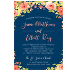 Load image into Gallery viewer, Blushing Rose Wedding Invitation, navy background with pink florals and pink and white text

