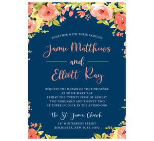 Blushing Rose Wedding Invitation, navy background with pink florals and pink and white text