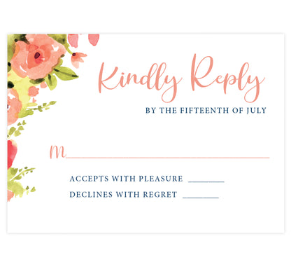 Blushing Rose Wedding Invitation, white background with pink florals and pink and navy text