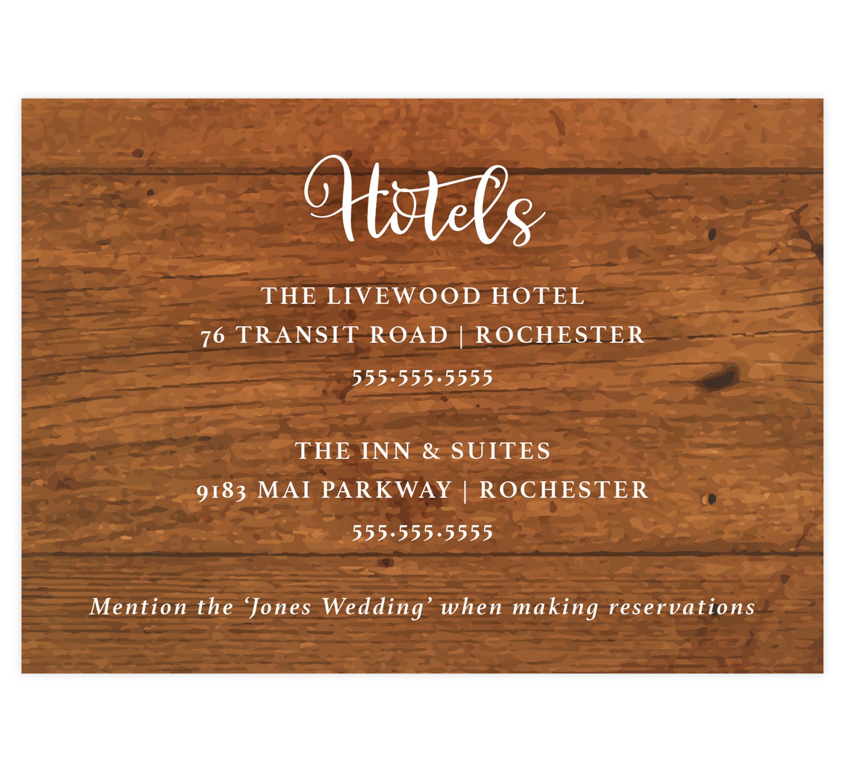 Rustic Glow wedding accommodations/details card; woodgrain background with white text