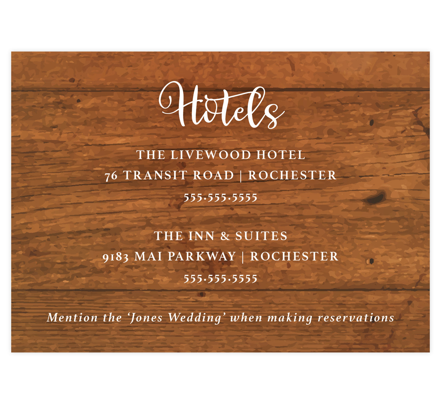 Rustic Glow wedding accommodations/details card; woodgrain background with white text
