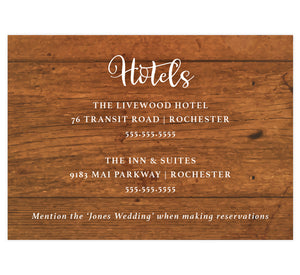 Rustic Glow wedding accommodations/details card; woodgrain background with white text
